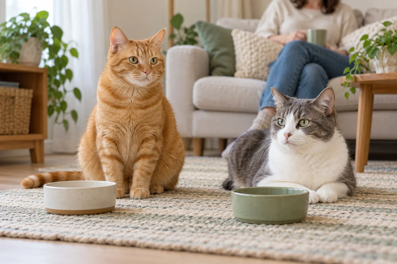 Two adult cats beside separate bowls in a living room with their owner